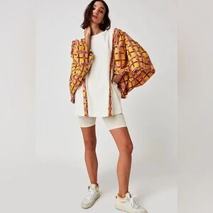 Free People Folklore Tee Oversized Wide Sleeve Plaid Rose Printed Top XS